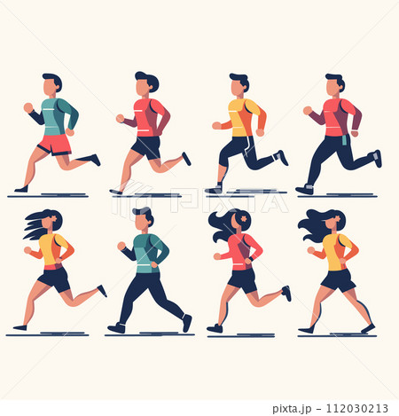 diverse runners sportswear jogging. Male female athletes running race marathon. Dynamic motion fitness routine vector illustration diverse runners sportswear jogging. Male female athletes running race marathon. Dynamic motion fitness routine vector illustration 112030213