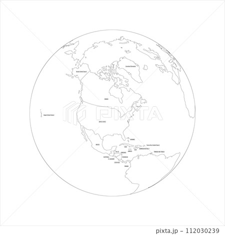 Political map of North America. Thin black outline map with country name labels on white background. Ortographic projection. Vector illustration Political map of North America. Thin black outline map with country name labels on white background. Ortographic projection. Vector illustration 112030239