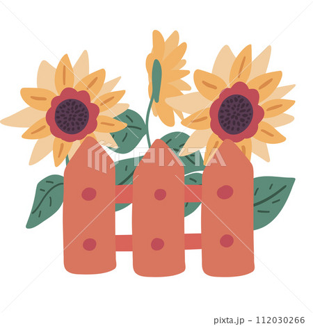 Fence sunflower flat design set on white background 112030266