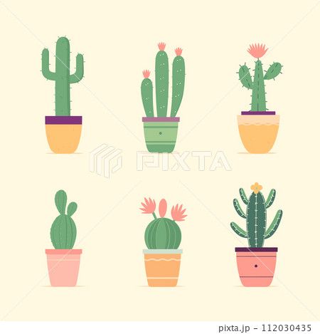Set six cute cartoon cacti colorful pots. Different shapes cactuses, flowers, indoor plant decoration vector illustration Set six cute cartoon cacti colorful pots. Different shapes cactuses, flowers, indoor plant decoration vector illustration 112030435
