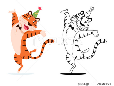 Coloring page. Cartoon dancing happy tiger with bow tie isolated on white background. Happy wild cat for kids preschool activity. Black and white outline sketch. Coloring book vector illustration. 112030454