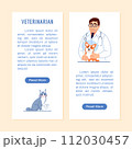 Veterinary medicine flyer or vertical banner with copy space, button. Young veterinarian, dog in protective cone, cute cat with injured paw on white background Flat line vet clinic vector illustration 112030457