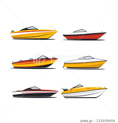 Set six speedboats various colors designs. Nautical transport, recreational boats sleek shapes. Modern maritime leisure vehicles vector illustration 112030458