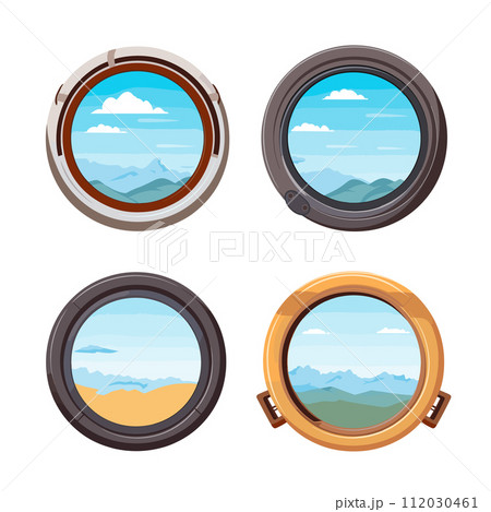 Four submarine portholes showing different ocean landscape views. Various sea mountain scenes through ship windows. Exploration travel concept vector illustration Four submarine portholes showing different ocean landscape views. Various sea mountain scenes through ship windows. Exploration travel concept vector illustration 112030461