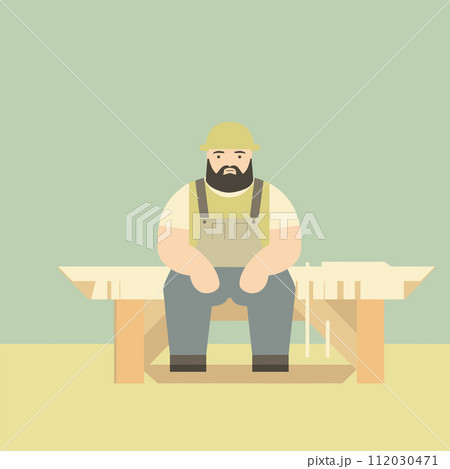 Bearded carpenter sitting bench saw wood planks. Craftsman apron resting workbench workshop. Artisan work manual labor concept vector illustration Bearded carpenter sitting bench saw wood planks. Craftsman apron resting workbench workshop. Artisan work manual labor concept vector illustration 112030471