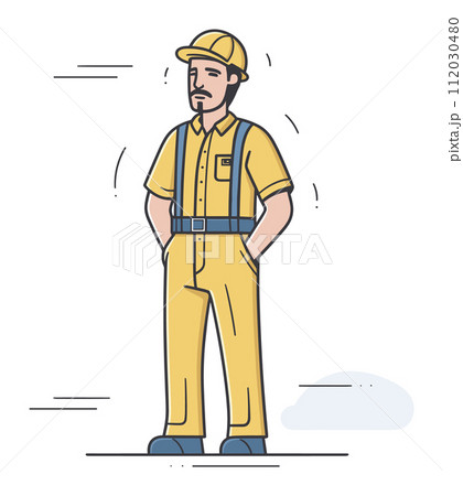 Caucasian male construction worker standing confidently. Adult man yellow hard hat workwear, hands hips. Professional tradesman character. Skilled labor industry vector illustration 112030480