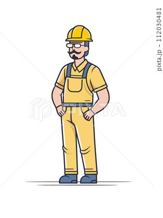 Smiling construction worker yellow uniform standing confidently. Male builder hard hat overalls against white background. Professional construction job safety work vector illustration 112030481