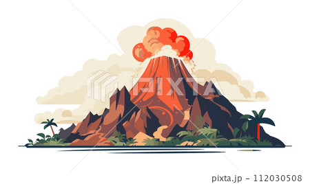 Erupting volcano smoke lava flow tropical setting. Explosive eruption ash cloud, palm trees. Nature disaster concept, geology, dramatic landscape vector illustration 112030508