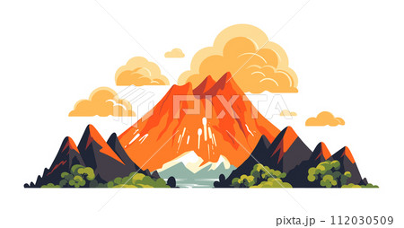 Erupting volcano lava flow, scenic landscape mountains clouds. Nature disaster, volcanic eruption magma vector illustration Erupting volcano lava flow, scenic landscape mountains clouds. Nature disaster, volcanic eruption magma vector illustration 112030509
