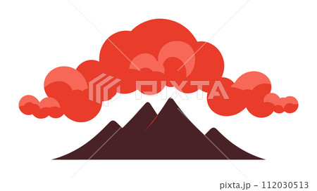 Red cloud explosion over mountains, volcanic eruption smoke. Disaster natural phenomenon, danger volcano activity vector illustration 112030513