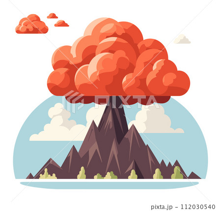 Volcanic eruption large ash cloud vector illustration. Cartoon volcano exploding smoke ash 112030540