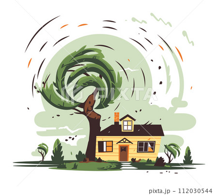 Tornado approaching house swirling winds debris. Nature disaster illustration twister near home. Catastrophe extreme weather vector illustration 112030544