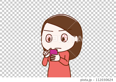 (上半身對角線)一位女士看著她的智慧型手機螢幕,認真調查此事。 (上半身對角線)一位女士看著她的智慧型手機螢幕,認真調查此事。 112030624