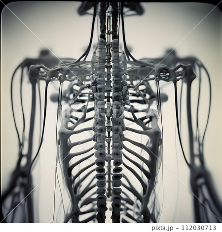 AI-generated content. The back view of an android skeleton with structures that mimic human bones. 112030713