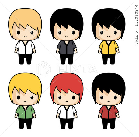 Six chibi style business people, three males three females different hair colors. Cute cartoon office workers. Corporate, team, diversity vector illustration 112030844
