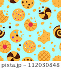 Cookies seamless pattern on blue background. Snack food repeat tile design. Tasty baked broken biscuits with crumb missing bite wallpaper. Crispy treat. Wrapping paper creative illustration. 112030848