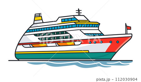 Cruise ship sailing water, colorful modern vessel sea. Ocean liner travel maritime transport vector illustration 112030904
