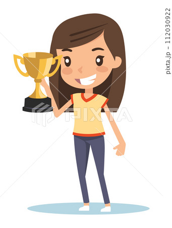 Young girl holding trophy, happy female award. Smiling child winner achievement vector illustration 112030922
