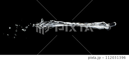 Shape form throw of Water splashes into Line water in air and stop motion freeze shot. Shape form Water for clear texture graphic resource elements, black background isolated 112031396