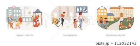 Public places isolated concept vector illustration set. Community facilities, public restrooms, sociocultural infrastructure, cleaning and hygiene, health centre, school building vector concept. Public places isolated concept vector illustration set. Community facilities, public restrooms, sociocultural infrastructure, cleaning and hygiene, health centre, school building vector concept. 112032143