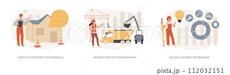 Construction technology innovation isolated concept vector illustration set. Innovative construction materials, modern machinery, building information modeling, project management vector concept. 112032151