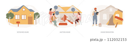 Buy family home isolated concept vector illustration set. Detached and auction house, house renovation, residential and commercial property remodeling, house listing, design project vector concept. Buy family home isolated concept vector illustration set. Detached and auction house, house renovation, residential and commercial property remodeling, house listing, design project vector concept. 112032153