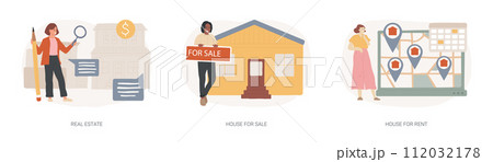 Real estate services isolated concept vector illustration set. Real estate agency, house for sale, house for rent, residential property market, rental listing, mortgage broker vector concept. Real estate services isolated concept vector illustration set. Real estate agency, house for sale, house for rent, residential property market, rental listing, mortgage broker vector concept. 112032178