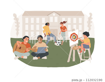 After school activities isolated concept vector illustration. Teens engagement, extracurricular activity, debate team, volunteer work, community service, student newspaper vector concept. After school activities isolated concept vector illustration. Teens engagement, extracurricular activity, debate team, volunteer work, community service, student newspaper vector concept. 112032190