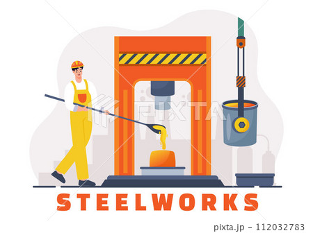 Steelworks Vector Illustration with Resource Mining, Smelting of Metal in Big Foundry and Hot Steel Pouring in Flat Cartoon Background Design 112032783