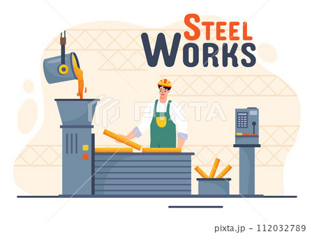 Steelworks Vector Illustration with Resource Mining, Smelting of Metal in Big Foundry and Hot Steel Pouring in Flat Cartoon Background Design Steelworks Vector Illustration with Resource Mining, Smelting of Metal in Big Foundry and Hot Steel Pouring in Flat Cartoon Background Design 112032789