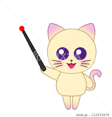 手をあげて指し棒を持つ猫のクレヨンイラスト 112033079
