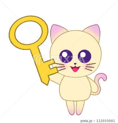 手をあげて鍵を持つ猫のクレヨンイラスト 手をあげて鍵を持つ猫のクレヨンイラスト 112033081