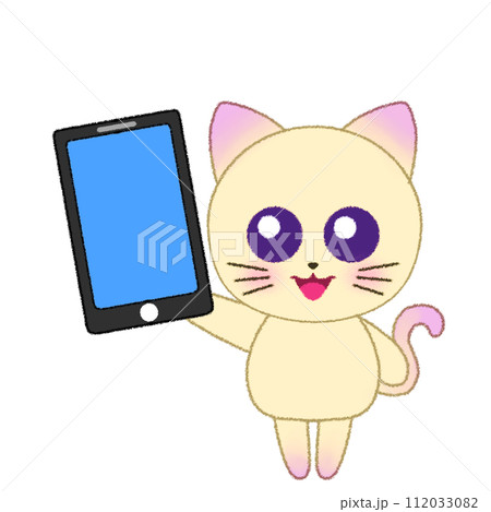 手をあげてスマホを持つ猫のクレヨンイラスト 112033082