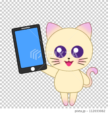 手をあげてスマホを持つ猫のクレヨンイラスト 112033082