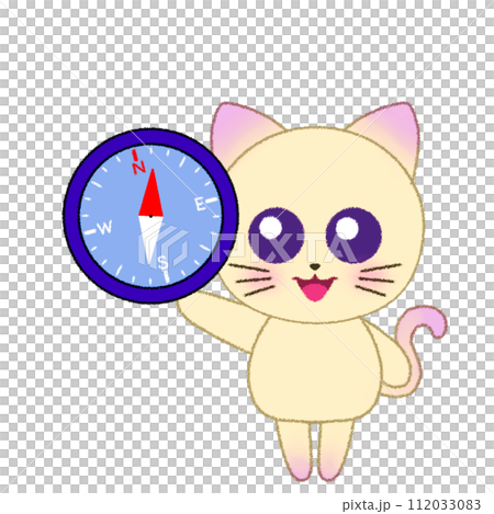 手をあげて方位磁石を持つ猫のクレヨンイラスト 112033083