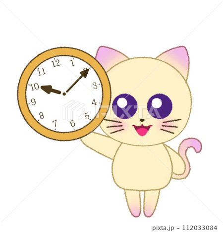 手をあげて時計を持つ猫のクレヨンイラスト 112033084