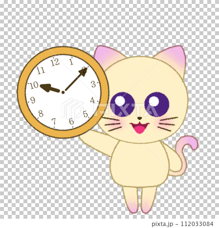 手をあげて時計を持つ猫のクレヨンイラスト 112033084