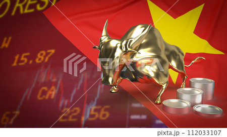 The Gold Bull on Vietnam Flag for Business concept 3d rendering. The Gold Bull on Vietnam Flag for Business concept 3d rendering. 112033107