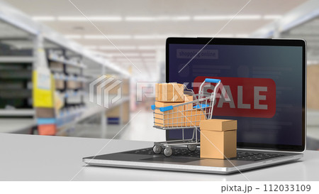 The shopping trolley and Notebook for online market concept 3d rendering. 112033109