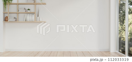 A minimal, contemporary empty room with a wall shelf, a white wall, a parquet floor, and a window. A minimal, contemporary empty room with a wall shelf, a white wall, a parquet floor, and a window. 112033319