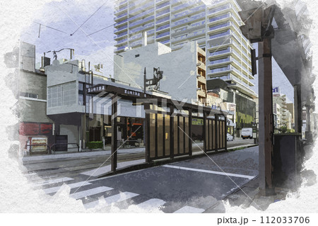 水彩画風 富山市街 富山地鉄市内線 西町駅 富山県富山市 水彩画風 富山市街 富山地鉄市内線 西町駅 富山県富山市 112033706