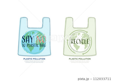 Plastic Bag. Plastic Pollution and Recycle Concept. Save the World for Suatainable, ecology and environment conservation concept design. Vector illustration. Plastic Bag. Plastic Pollution and Recycle Concept. Save the World for Suatainable, ecology and environment conservation concept design. Vector illustration. 112033711