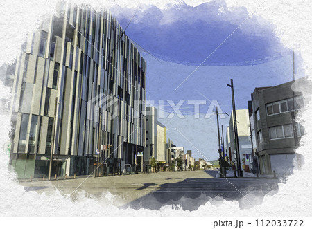 水彩画風　富山市街　平和通り　西町交差点　富山県富山市 112033722
