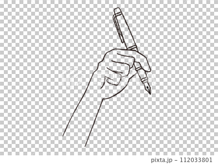 Hand holding a fountain pen, hand-drawn style line drawing illustration 112033801