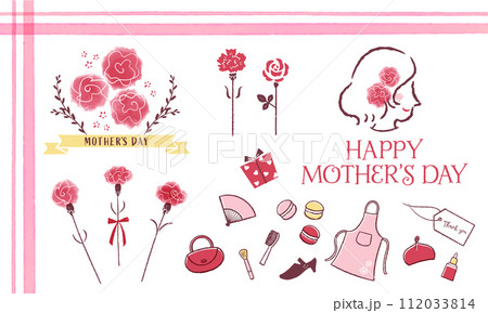 母の日のタイトルと線描きのイラストセット 112033814