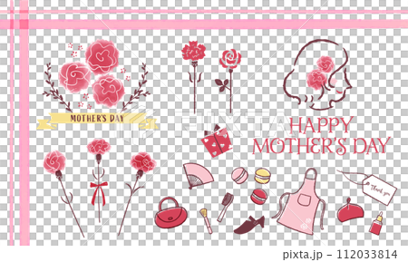 母の日のタイトルと線描きのイラストセット 112033814