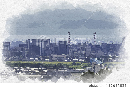 水彩画風 富山市街と立山連峰 富山県富山市 水彩画風 富山市街と立山連峰 富山県富山市 112033831
