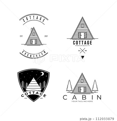 Set Wooden Cabin House Logo Vector Illustration Design Vintage, Forest 112033879
