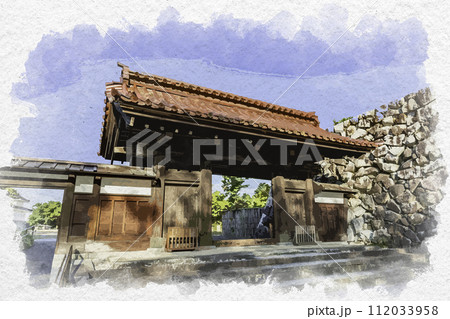 水彩画風 富山城 千歳御門 富山県富山市 水彩画風 富山城 千歳御門 富山県富山市 112033958