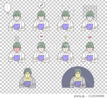 10 sets of illustrations of the upper body of a girl with short green hair holding a tablet and making various expressions 112034000